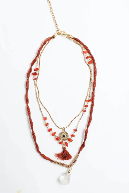 CARNELIAN & CRYSTAL DROP MULTI LAYER NECKLACE