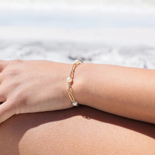 18K PVD PAPERCLIP PEARL NECKLACE & BRACELET *WATERPROOF*