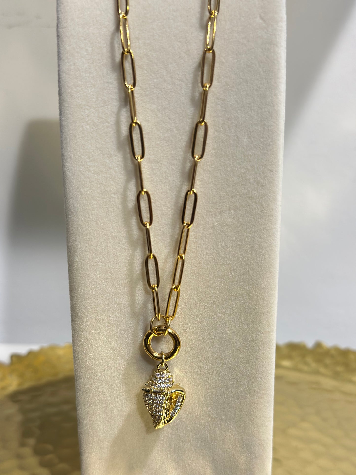 KW CZ CONCH SHELL PAPERCLIP CHARM KEEPER NECKLACE 18K PVD *WATERPROOF*