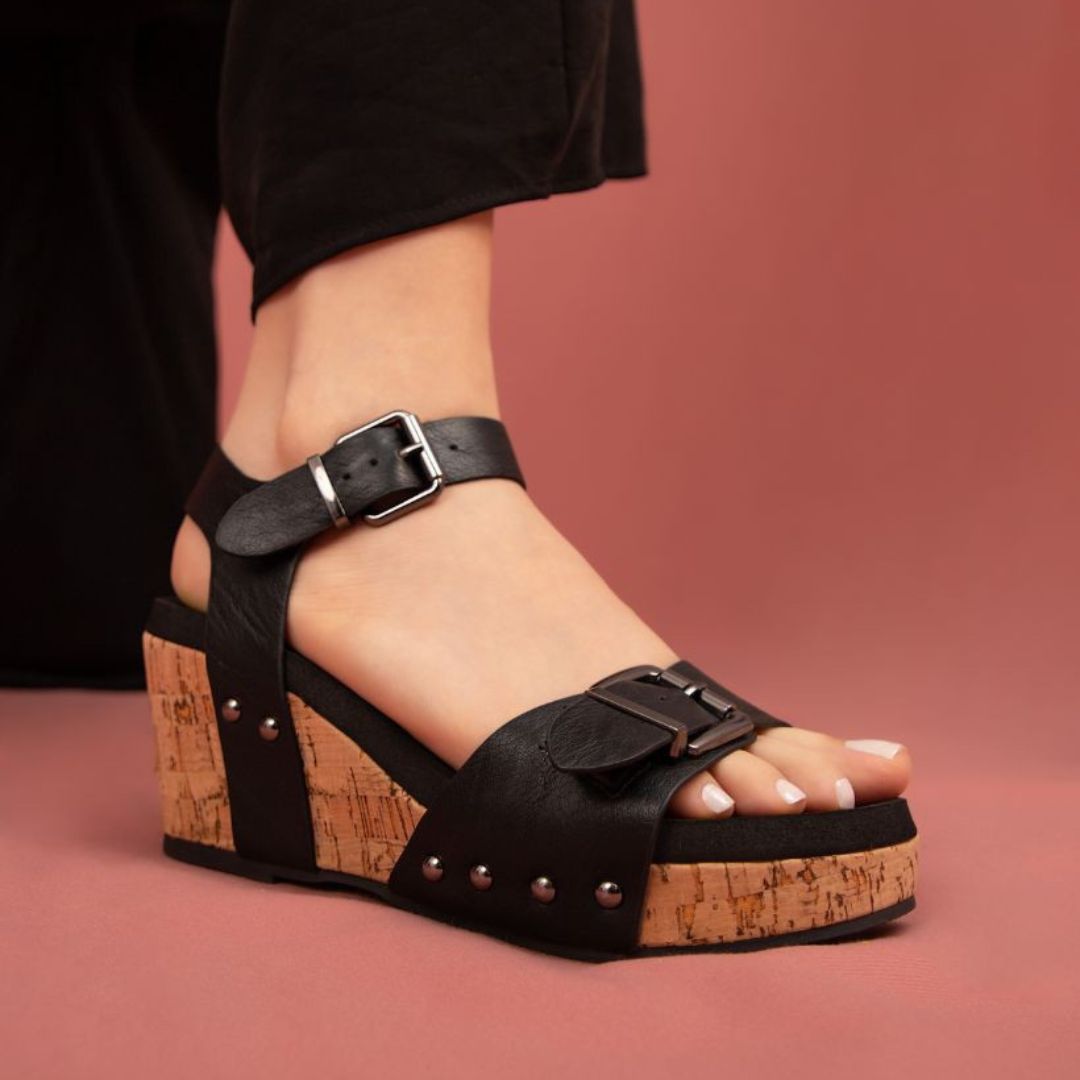 Romy Ankle Strap Wedge Sandal – Adjustable Buckle & Cork Platform in 3 Colors