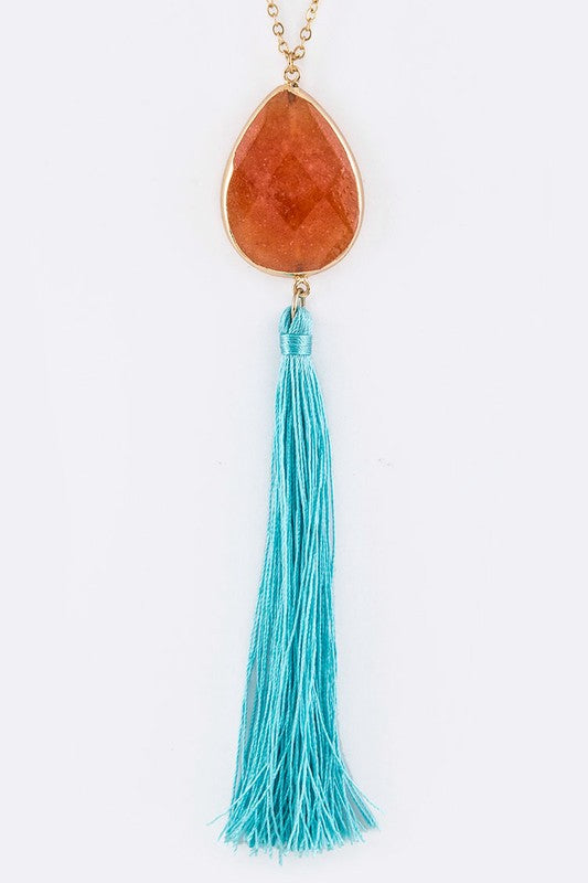 SEMI PRECIOUS TEARDROP & TASSEL PENDANT NECKLACE