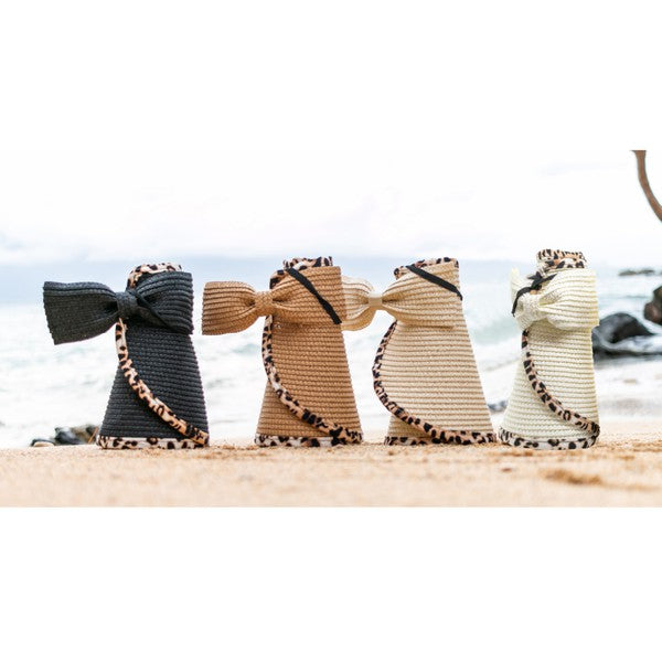 LEOPARD TRIM BOW ROLL UP WIDE BRIM VISOR SUN HAT