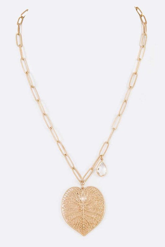 Cutout Leaf Teardrop Crystal Pendant Necklace