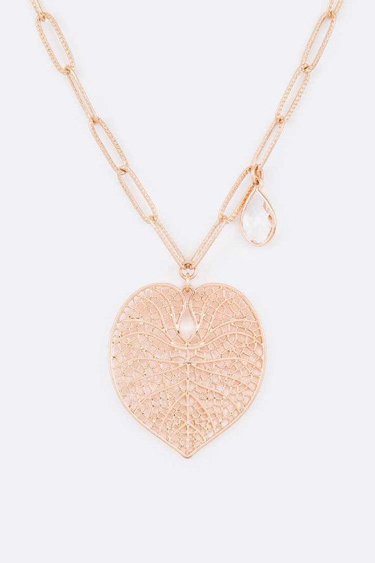 Cutout Leaf Teardrop Crystal Pendant Necklace