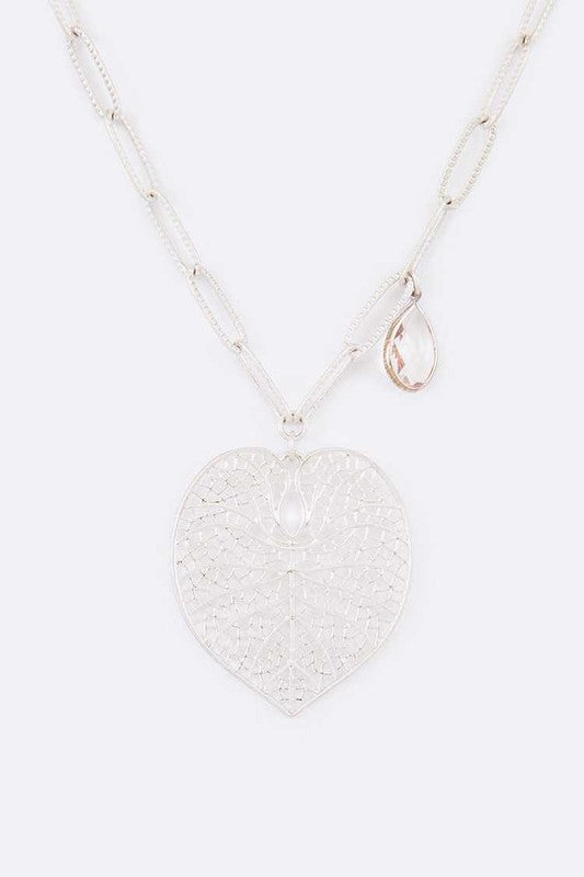 Cutout Leaf Teardrop Crystal Pendant Necklace