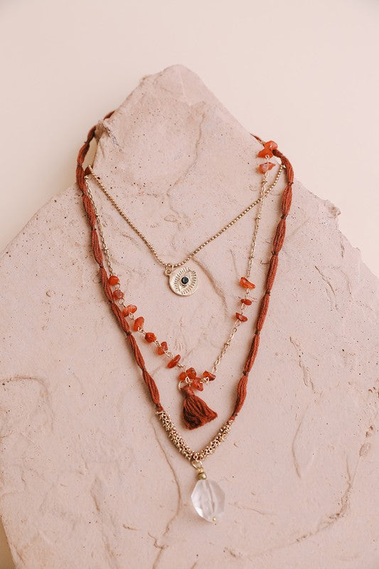 CARNELIAN & CRYSTAL DROP MULTI LAYER NECKLACE