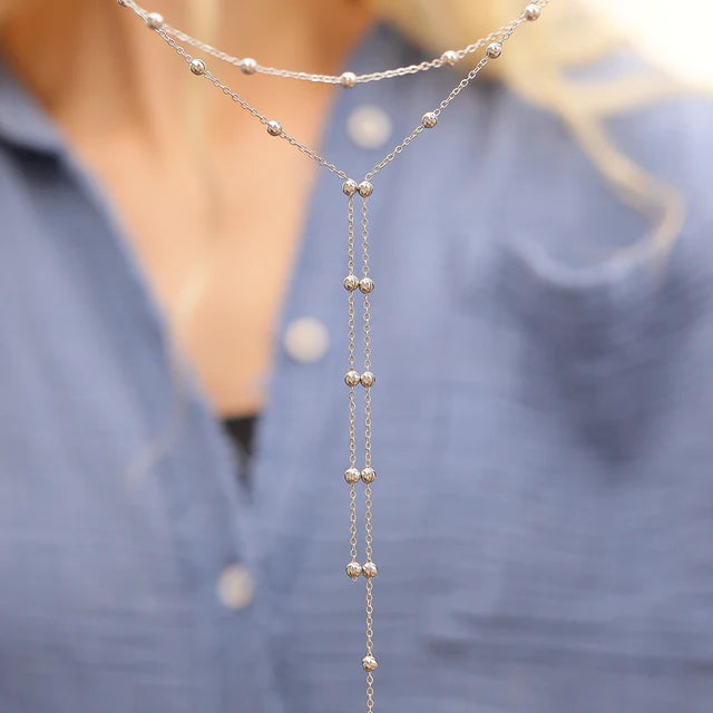 DOUBLE SATELLITE LARIAT NECKLACE 18K PVD *WATERPROOF*