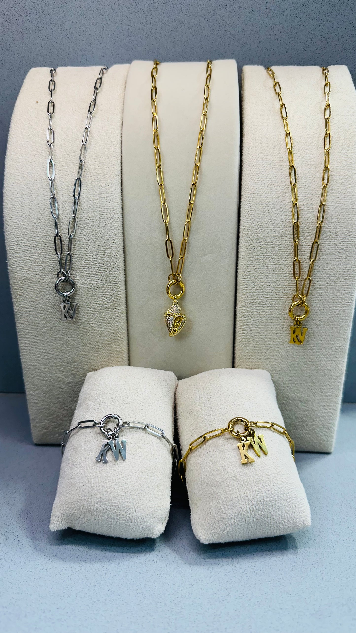 KW CZ CONCH SHELL PAPERCLIP CHARM KEEPER NECKLACE 18K PVD *WATERPROOF*