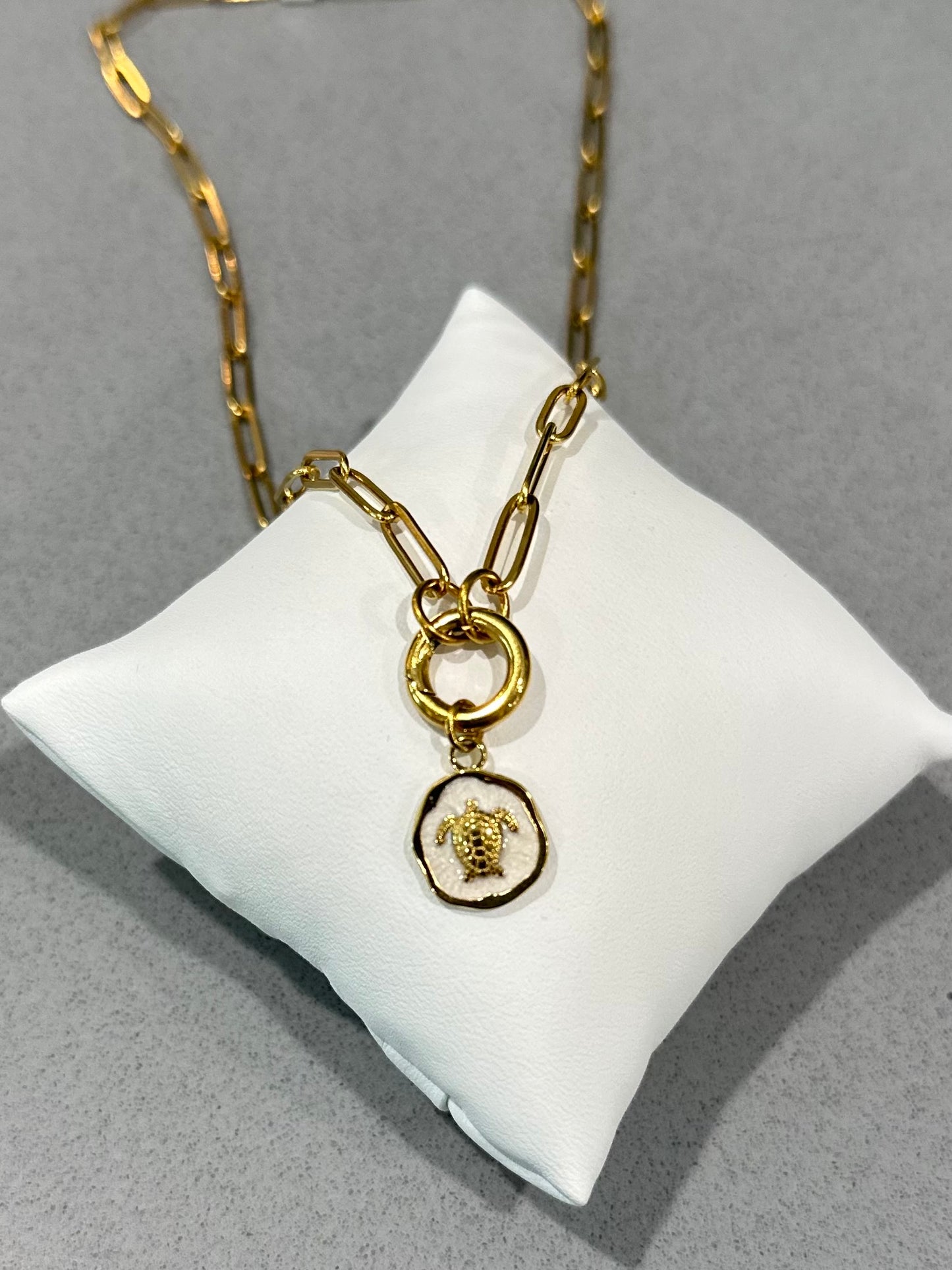 MOTHER OF PEARL TURTLE CHARM NECKLACE 18K PVD *WATERPROOF*