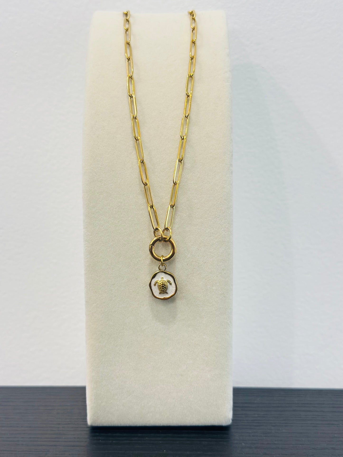 MOTHER OF PEARL TURTLE CHARM NECKLACE 18K PVD *WATERPROOF*