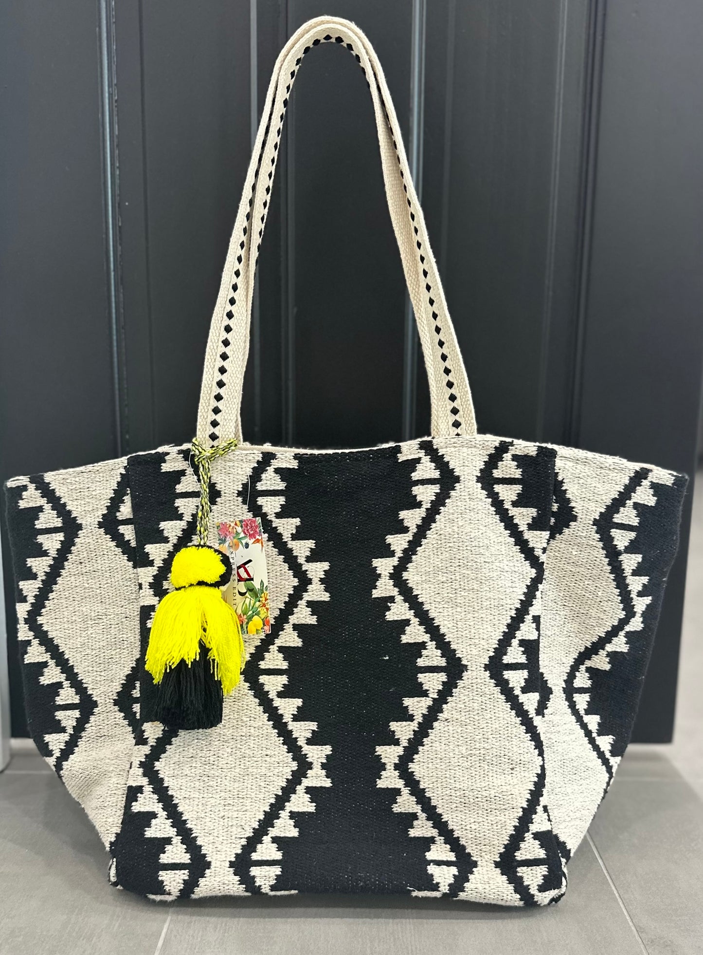 A&B BLACK AZTEC BAG W/ YELLOW POM POM