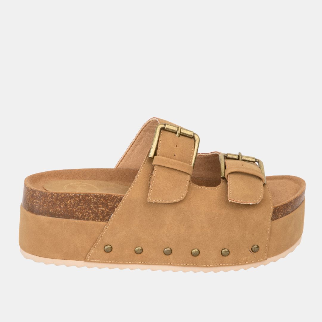 Nina 1 Double Buckle Flatform – Studded Slide Sandal with Cork Midsole
