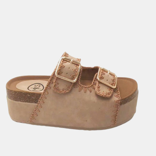 Nina 3 Embroidered Flatform – Double Buckle Slide with Artisan Stitching