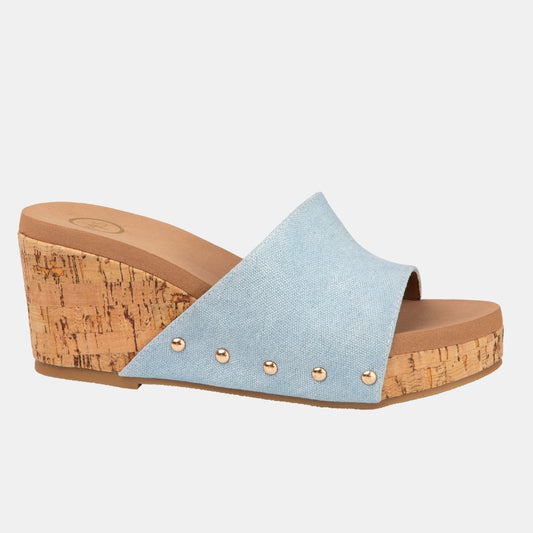 Blair Slide Wedge – Colorful Denim Crisscross Sandal with Cork Heel