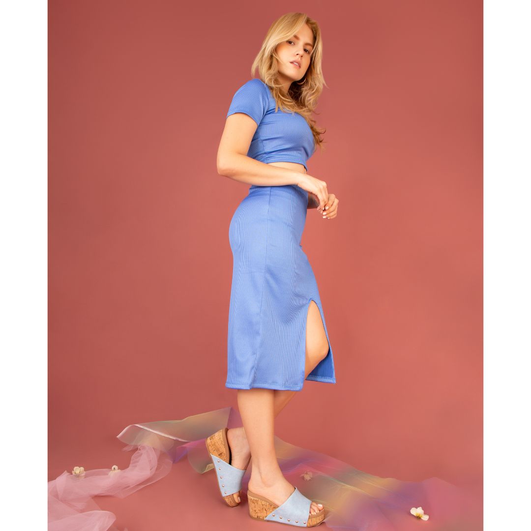 Blair Slide Wedge – Colorful Denim Crisscross Sandal with Cork Heel