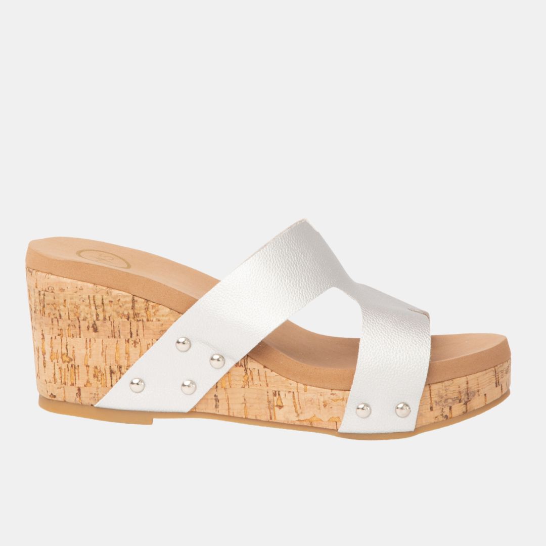 Allyson Cork Wedge Slide – Crisscross Metallic Sandal in 4 Colors