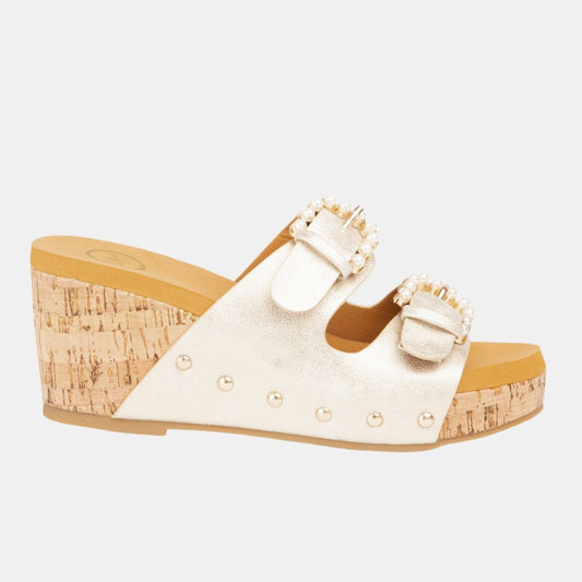 Brianna Pearl Buckle Wedge – Embellished Slide with Cork Heel in 3 Colors