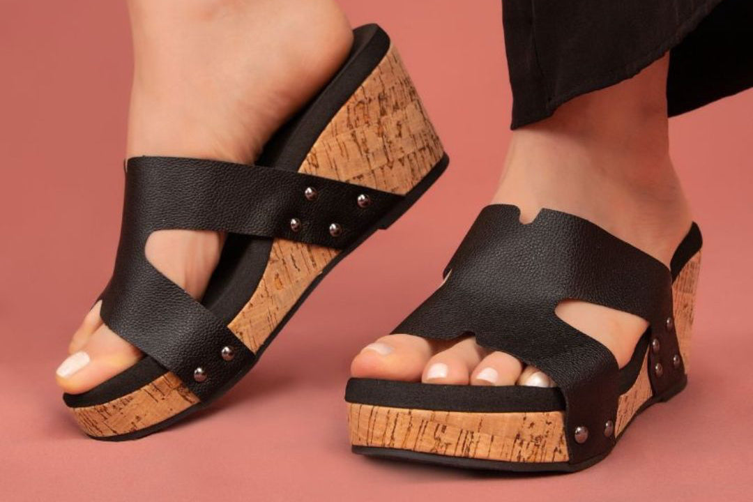 Allyson Cork Wedge Slide – Crisscross Metallic Sandal in 4 Colors