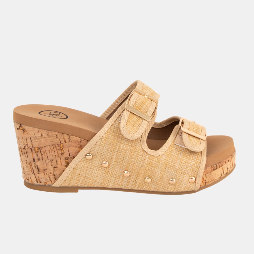 Cade Raffia Wedge Sandal – Double Buckle, Cork Heel, 3 Colors