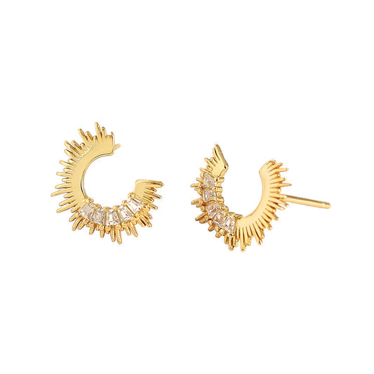 Party Irregular C Shape CZ Sunshine 925 Sterling Silver Stud Earrings