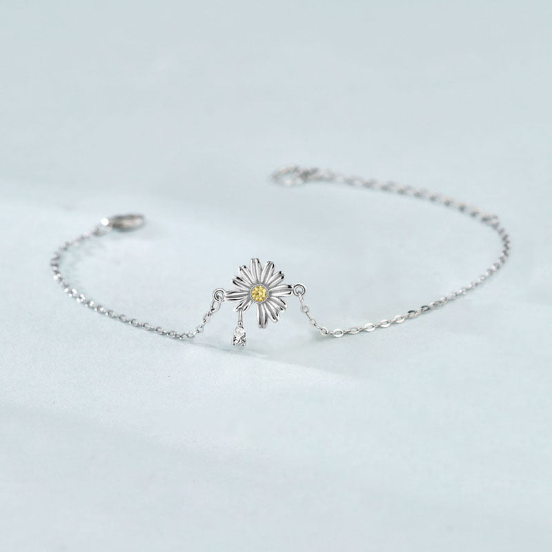 Summer Daisy Flower CZ 925 Sterling Silver Bracelet